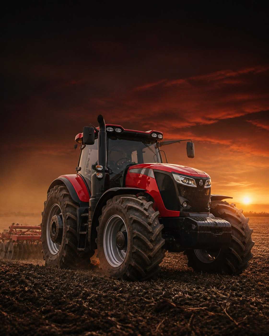 Tractor agrícola rojo trabajando en el campo al atardecer